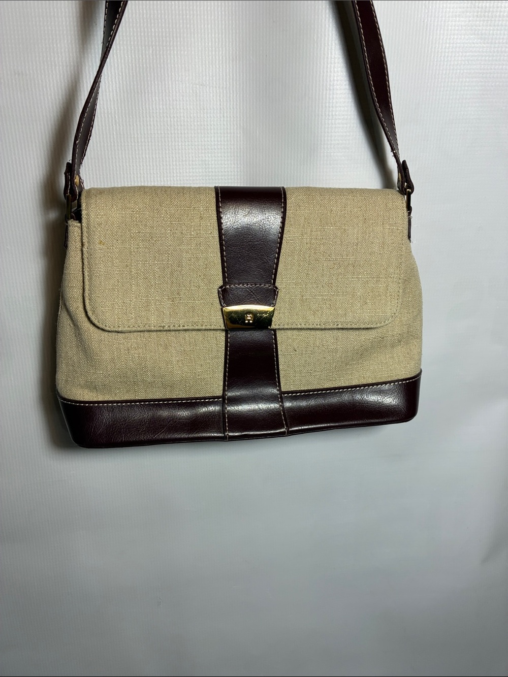 Etienne Aigner Beige Canvas and Dark Brown Faux Leather Shoulder Bag